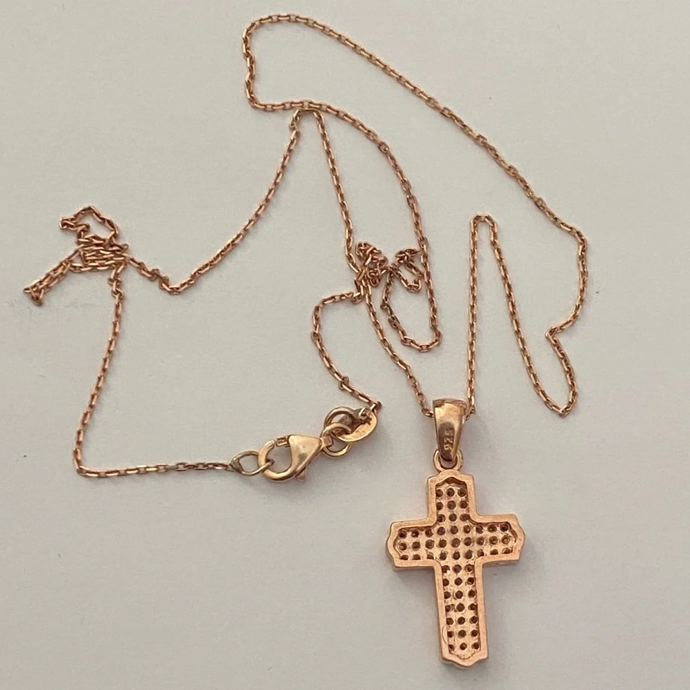925 Silver cross necklace cz stones 14K rose gold plated